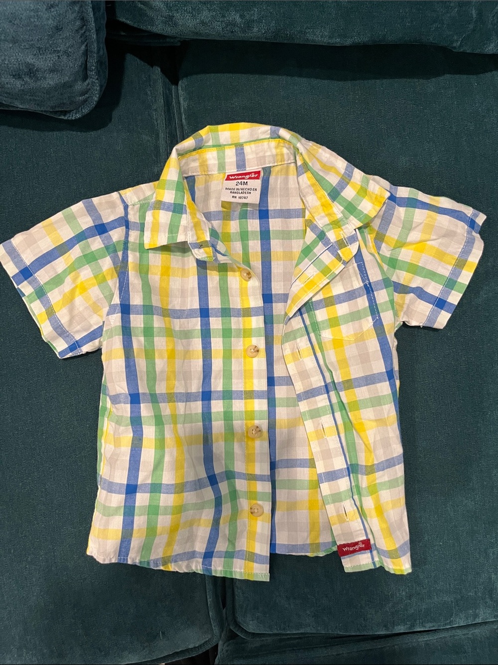 Wrangler Boys Yellow Blue Green Plaid Button-Down Shirt